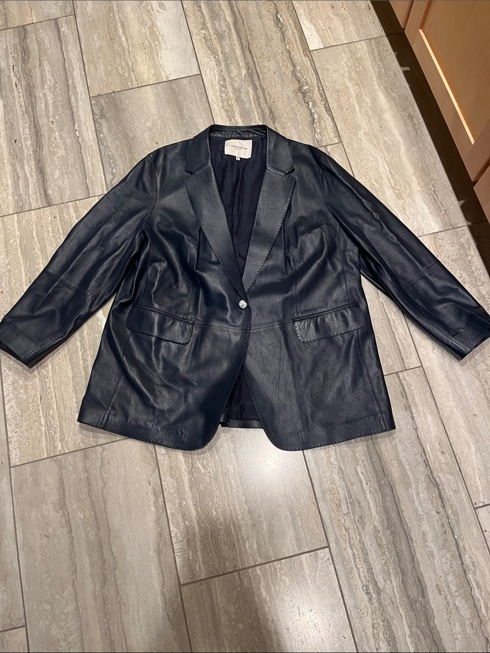 Lafayette 148 New York Navy Blue Leather Single-Button Blazer